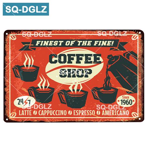[SQ-DGLZ] Кофейная металлическая вывеска, украшение для барной стены, жестяная вывеска, винтажные металлические вывески, домашний декор, живопись, таблички, художественный постер