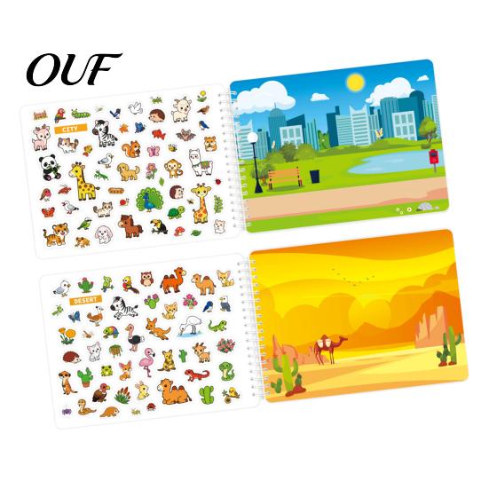 Interactive Learning Games Coloring Book with Animal Stickers, Rich Cartoon Patterns Coil Binding Creative Birthday Gifts for Kids Book, Educational
