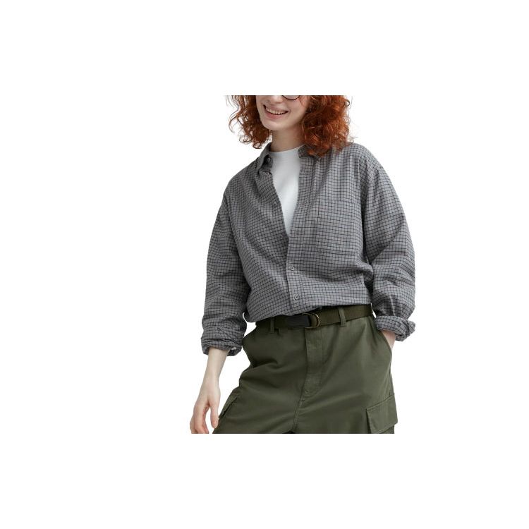 Uniqlo Клетчатая однобортная повседневная рубашка с длинным рукавом Унисекс Серо-свинцовый 462396-06