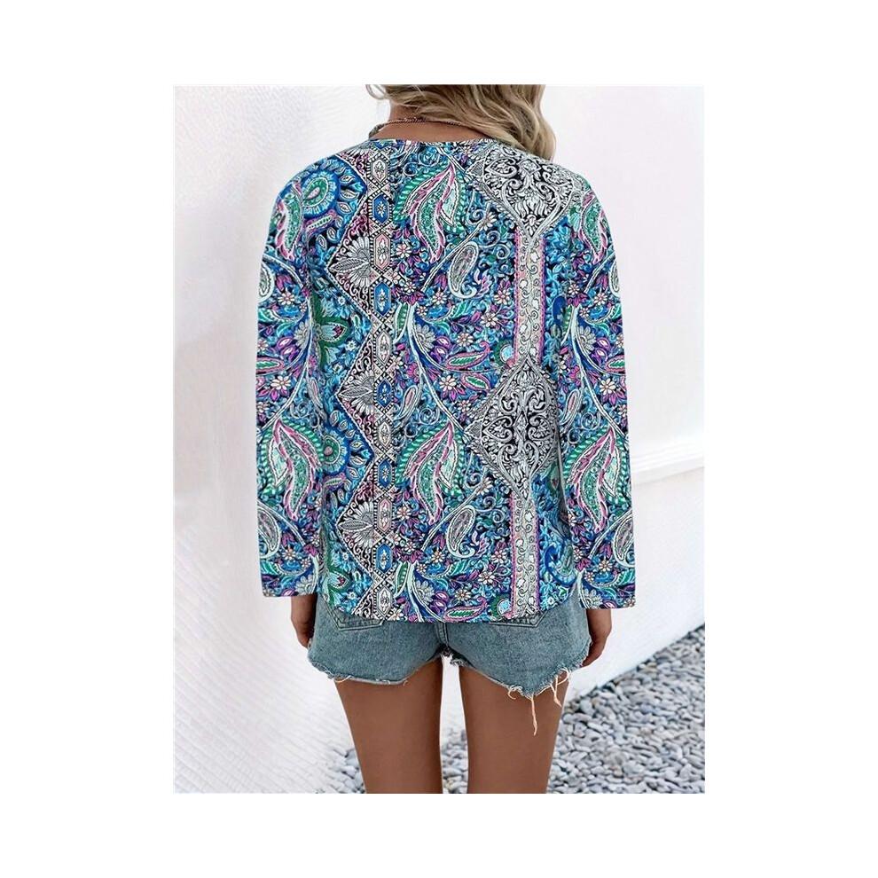 Women'S Bohemian Print V-Neck Long Sleeve Casual Blouses Shirts 3-Mixed Colors M