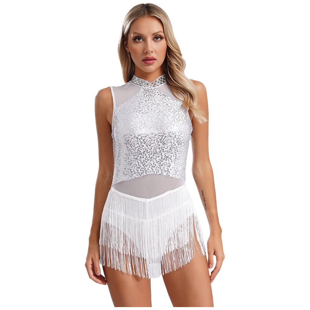 Женский костюм для латиноамериканских джазовых танцев с блестками, платье без рукавов с вырезом сзади, струящееся платье с кисточками, трико, балетная танцевальная одежда