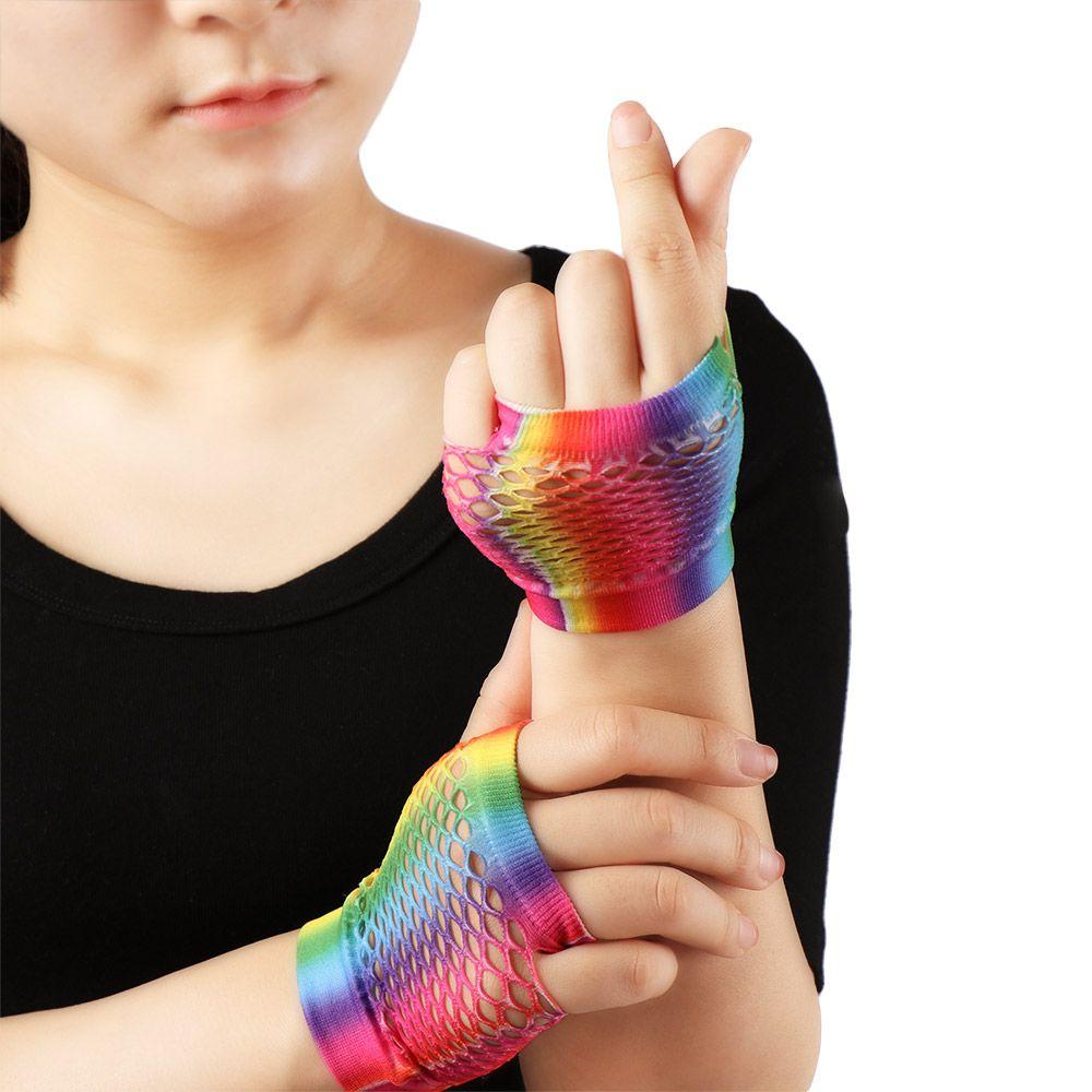 Shiny Wedding Party Colorful Fingerless Mesh Net Hollow Out Holes Gloves Rainbow Disco Dance
