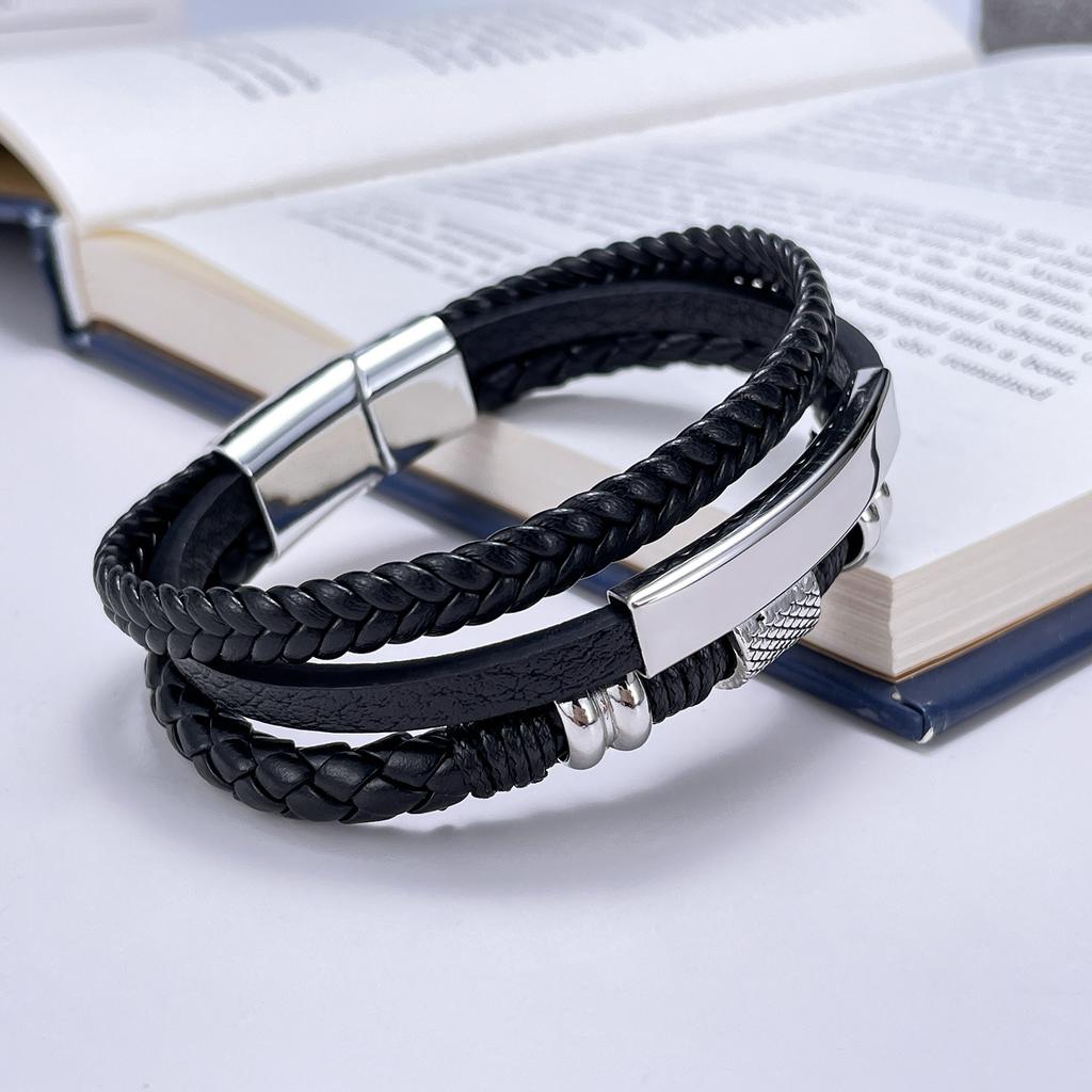 New Fashion Braided Stainless Steel Men 'S Multi -Layered Leather Bracelet