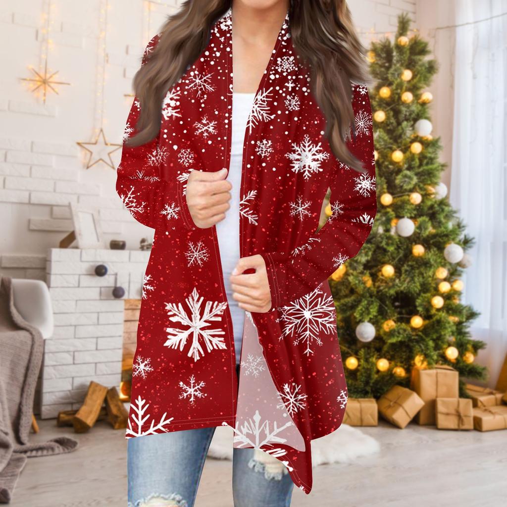 Women's Fashion Casual Christmas Print Medium Length Cardigan Jacket Coat