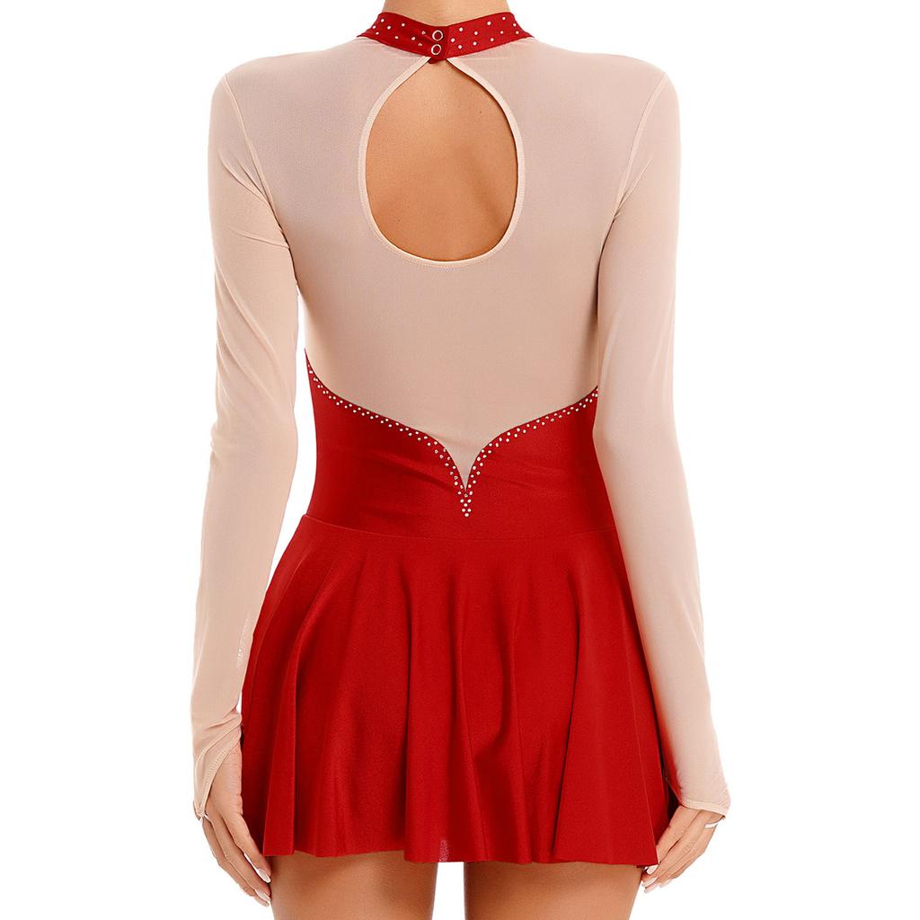 Womens Sparkly Lyrical Dance Costume Featuring Sheer Mesh Patchwork Long Sleeve Mock Neck Bodysuit with Rhinestone Details for Performances