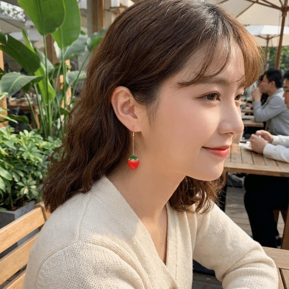 Green Leaves Simulated Fruit Earrings Dainty Flower Drop Earrings Strawberry Drop Earrings Girls