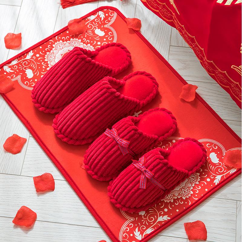 Natural cotton slippers men's winter indoor home wedding groom over festive red couple home female