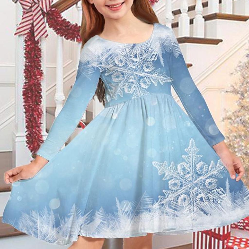 Весеннее повседневное платье принцессы с объемным синим нотом для девочек и принтом снежинок, круглым вырезом и длинными рукавами, детское платье принцессы на Рождество