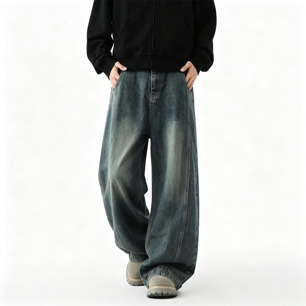 Men's Loose Fit Wide Leg Jeans Retro Hip Hop Streetwear Denim Pants Casual High Street