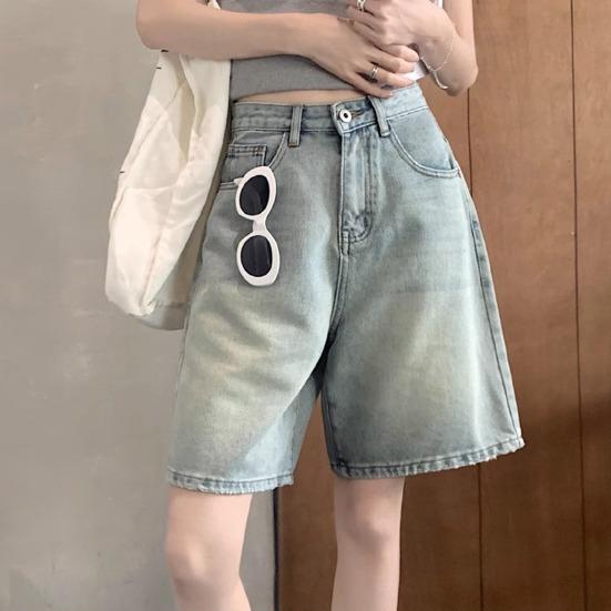 HWomen Denim Shorts High Waist Vintage Washed Straight Wide Leg Pure Color Button Zipper Closure Streetwear Knee Length Jeans Short Pants