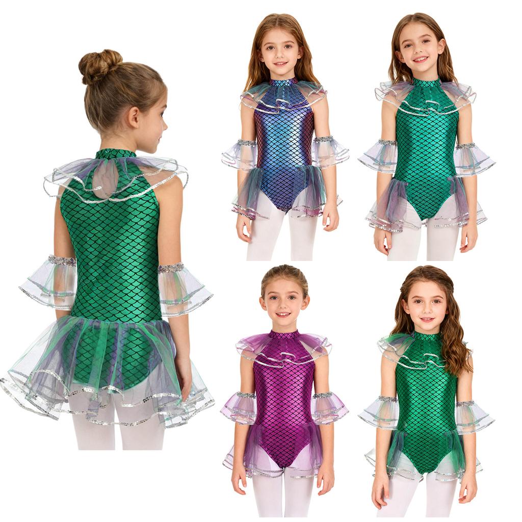 Girls Halloween Mermaid Cosplay Costume Sleeveless Mermaid Fish Scales Print Mesh Sequins Bodysuit with Arm Sleeves Holiday Party Costume