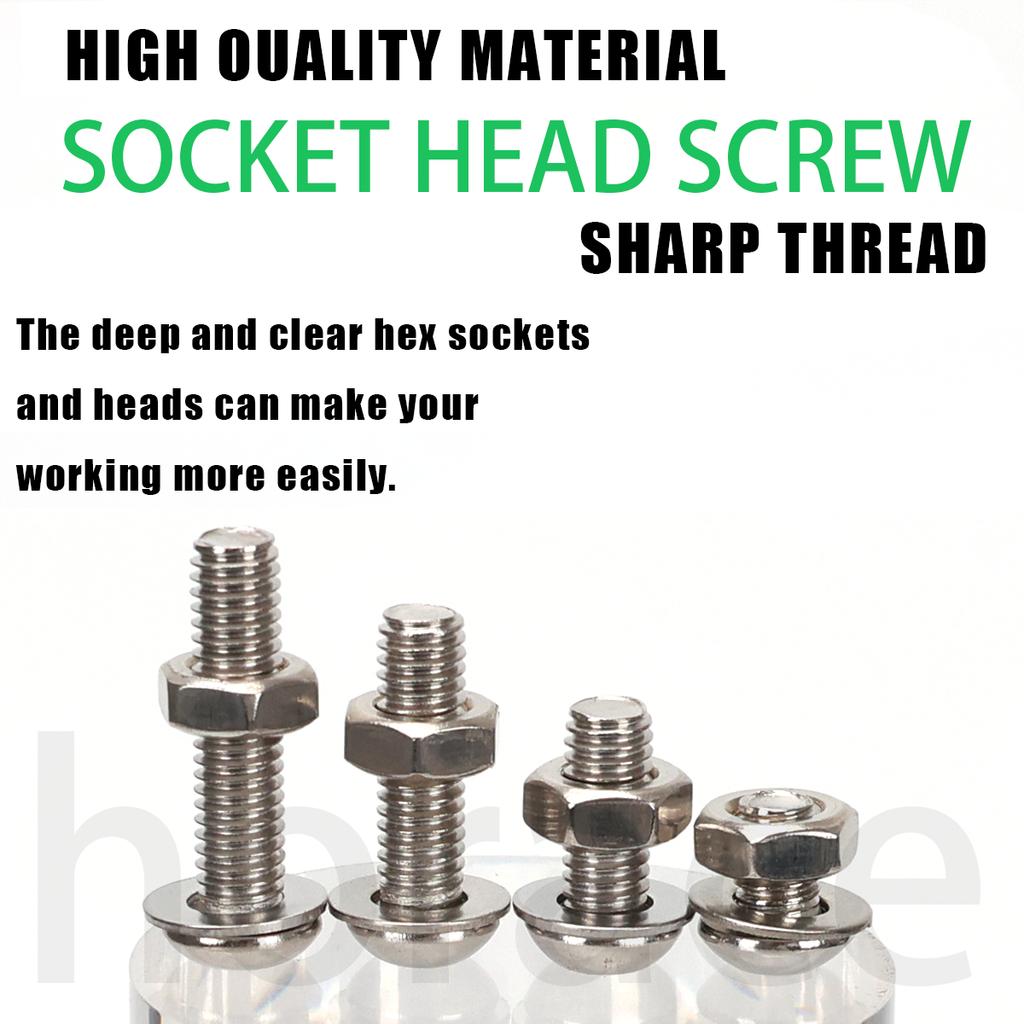 880pcs-stainless steel round cup hex bolt, nut, and washer set - M2-M5 sizes, includes hex wrench, suitable for DIY and repair.