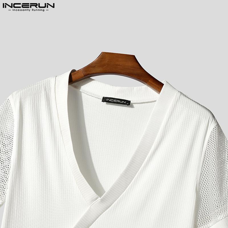 INCERUN Мужские футболки с V-образным вырезом, коротким рукавом, сетчатыми вставками, прозрачной передней частью и перекрещенными деталями