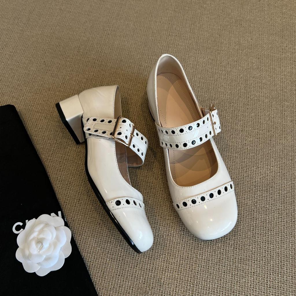 Sheepskin Mary Jane Shoes Women's Round Head with Buckle Medium Heel Single Shoes Versatile Leather Shoes Shallow High Heels