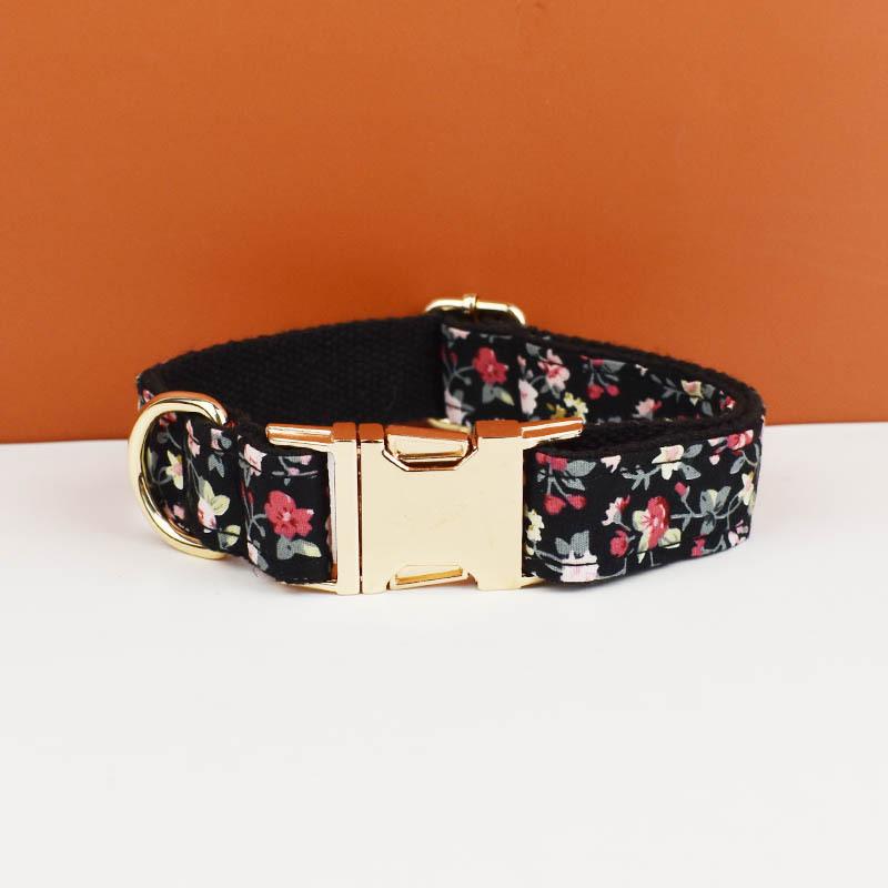 Black Floral Cotton Breathable Dog Harness And Leash Set Bowtie Pet Collar Leads Custom Name Pet Necklace