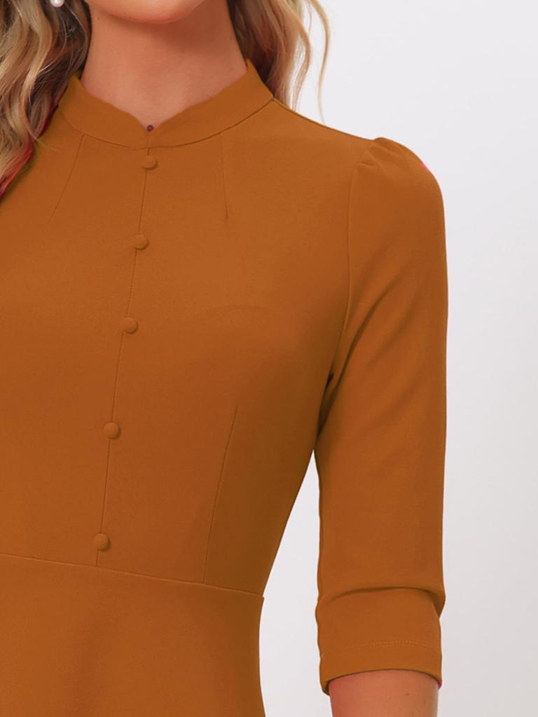 Allegra K Elegant A-Line Sheath Dress with Three-Quarter Sleeves and Stand Collar, Dark Orange, Size S