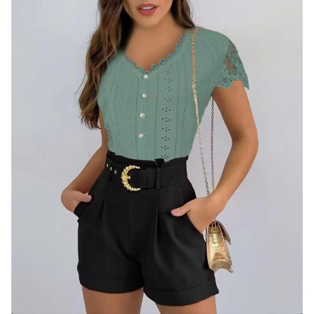 Summer New Elegant Fashion Chic T-shirt Women Basic Straight Solid Short Sleeve V Neck Hollow Lace Top