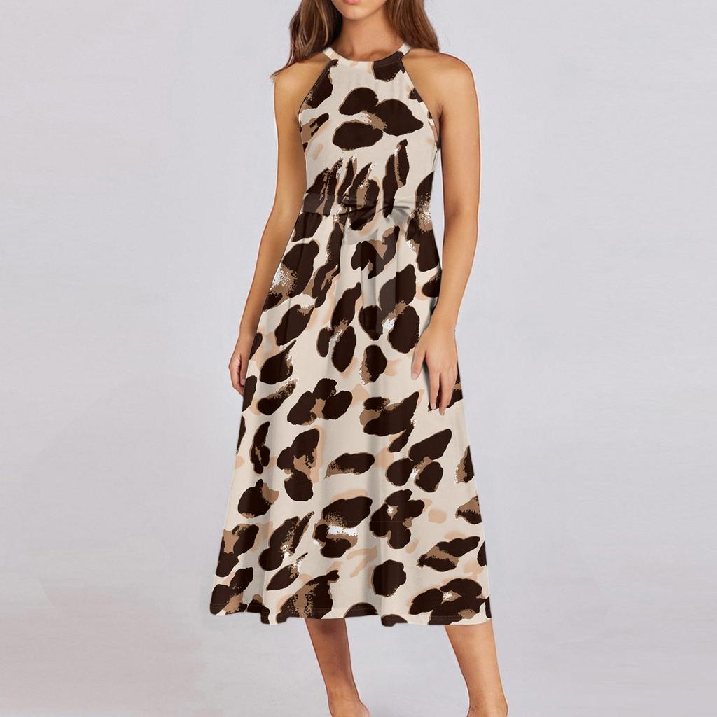 Женское повседневное платье миди с круглым вырезом, классическое, повседневное, без рукавов, свободное платье в стиле бохо с завязками, летний пляжный сарафан