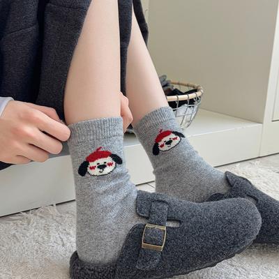 Красные носки из щенячьей шерсти Red Hat, Толстые и теплые носки до середины икры, Толстые носки, Мультяшные бесшовные носки
