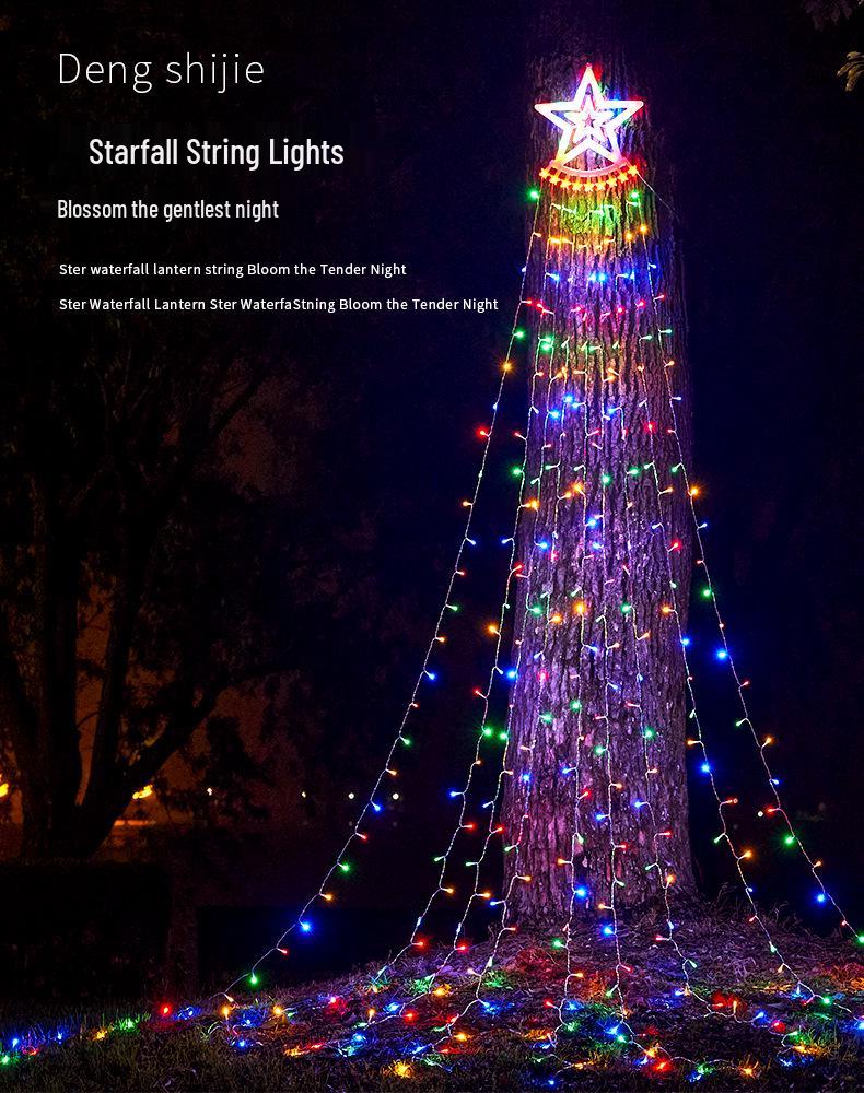 Солнечные гирлянды-водопады в виде пентаграмм для наружного украшения рождественской елки