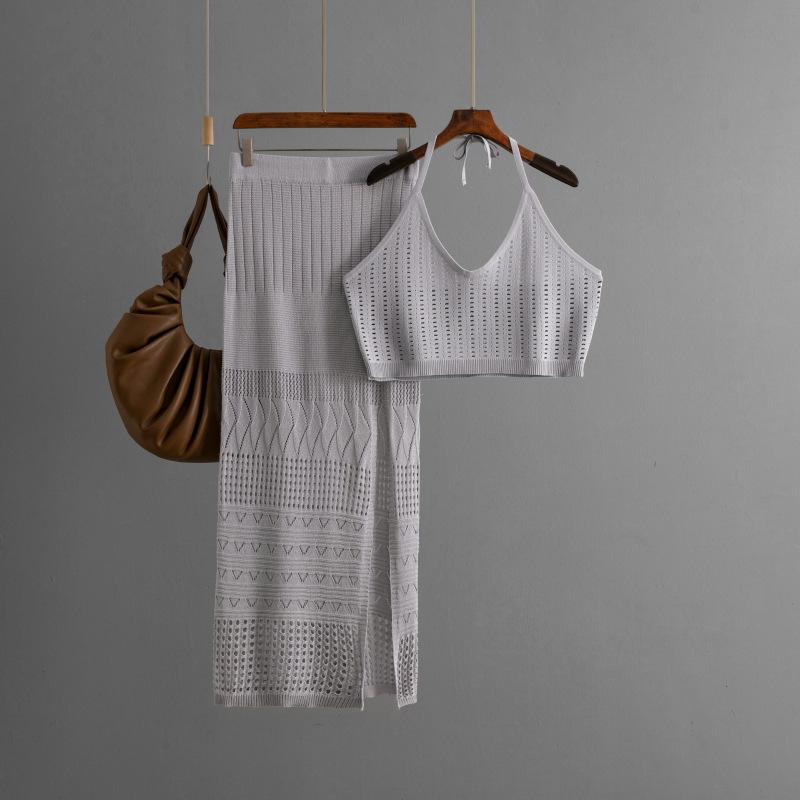 Summer Women's Short Vest Top High-waisted Thin Hollow Open-end Package Hip Half-body Skirt Two-piece Set