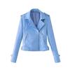 Solid Color Women Faux Leather Lapel Motorcycle Jacket Long Sleeve Zip Up Coat