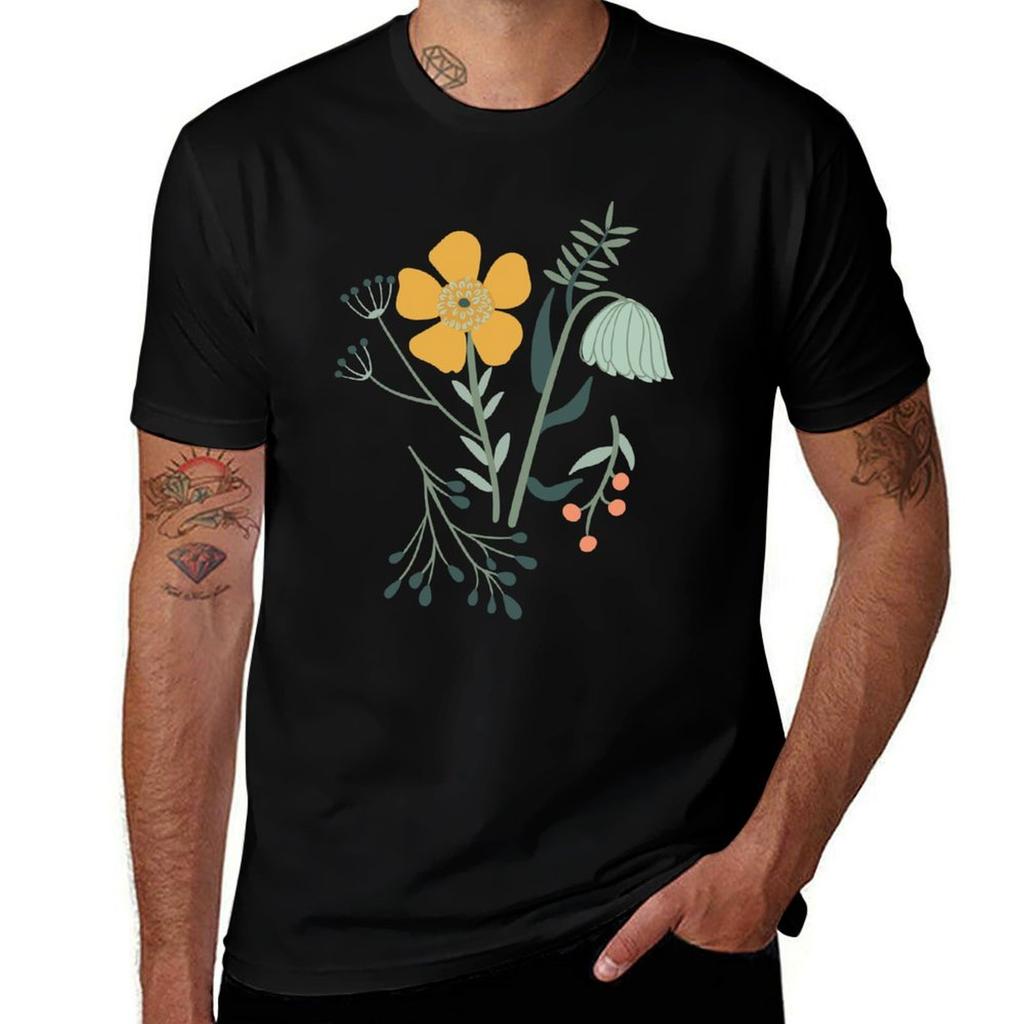 Coral Mustard Blue Botanical Garden Floral Print TShirt Work Style Casual TShirt