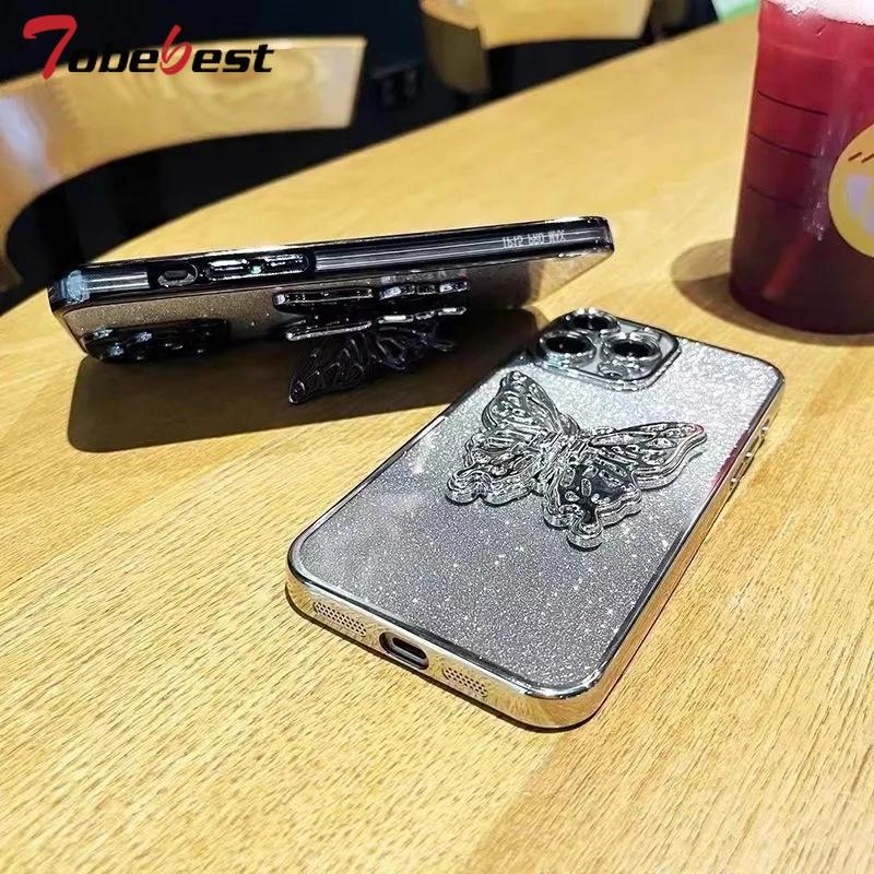 3D Butterfly Phone Holder Crystal Bracelet Glitter Plating Case for OPPO Reno 11 10 8 7 Pro 4G 5G Cover