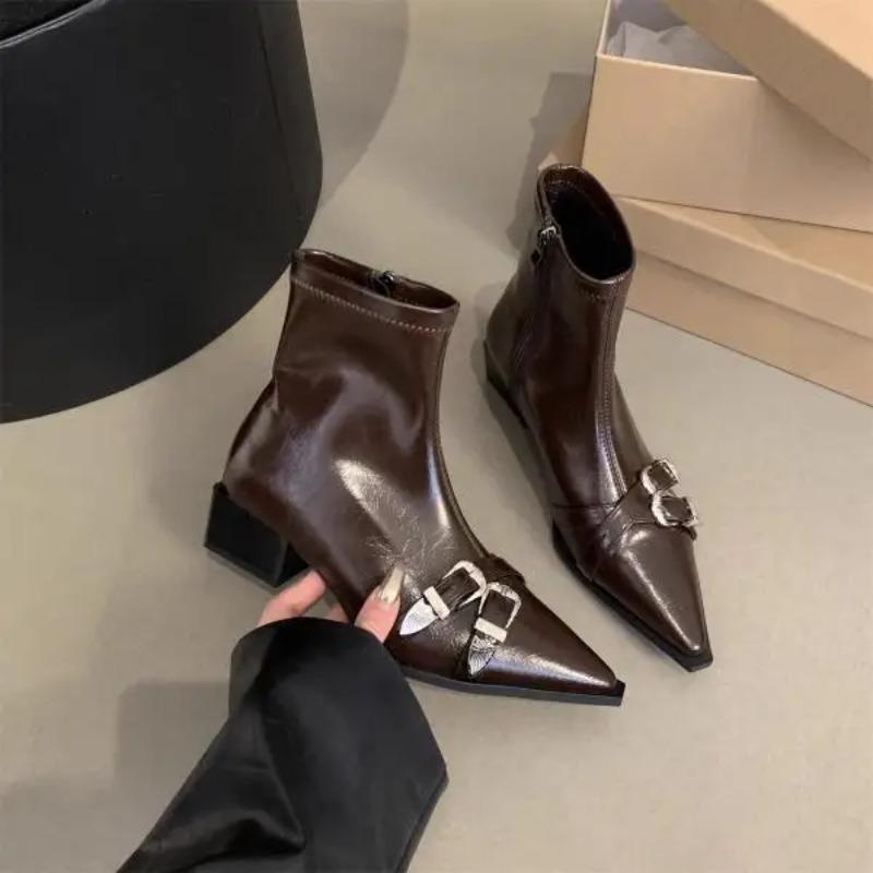 Zipper Women's Boots Autumn Shoes Boots-Women Black Rubber Pointy Med Ladies Rock Ankle PU Hoof Heels Rome Pointed Toe Micr