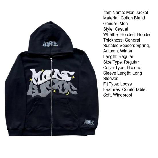 Мужская куртка с капюшоном, осень-зима, панк-хип-хоп, модный принт, на молнии, с двумя карманами, с длинными рукавами, свободная посадка, повседневное мужское пальто, верхняя одежда