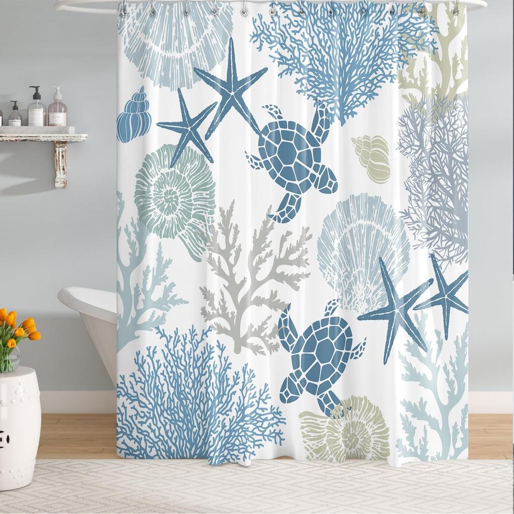 Peopleareok Nautical Coastal Shower Curtain, Funny Kids Sea Turtle Seashell Starfish Shower Curtain for Bathroom Decor, Polyeste