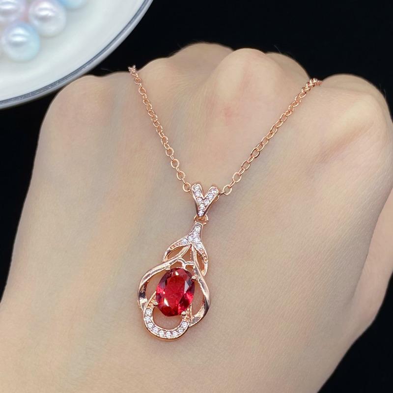BELLA BOX Fashion Internet Celebrity Live Streaming New Product Simulation Red Tourmaline Oval Garnet Light Luxury Simple Pendant Necklace For Women