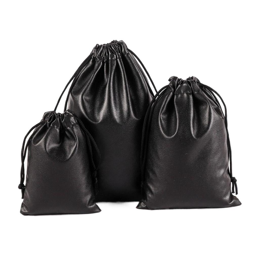 Black Headphone Bags PU Leather Earphone Cable Pouch Durable Drawstring Bag  Men Women