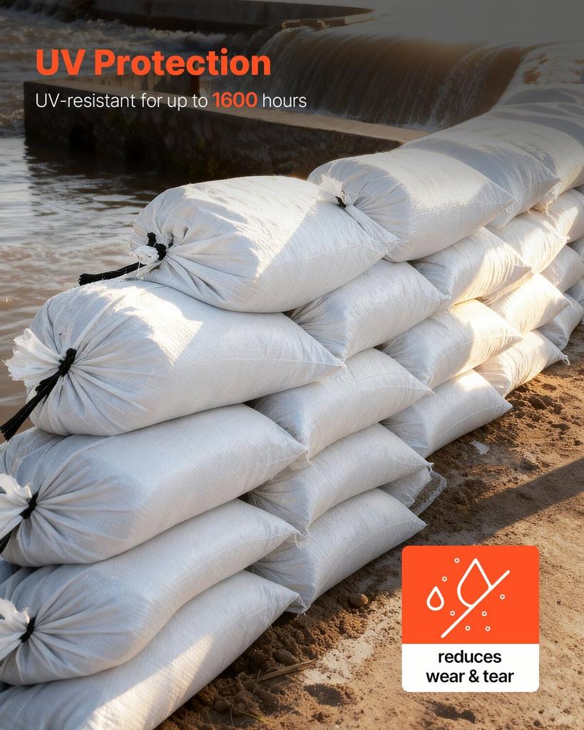 Empty Sandbags, 200 Packs 40 x 66 cm, Heavy Duty Sand Bags Sacks with Ties, 22.6kg Capacity Woven Polypropylene Sandbags, Tear-Resistant &