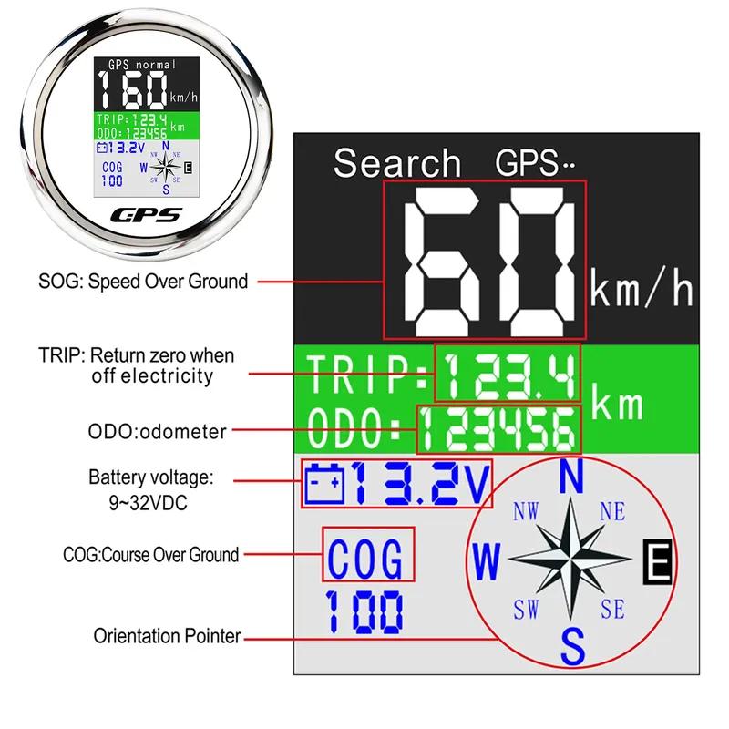 85-мм цифровой GPS-спидометр с одометром, GPS-антенной, TFT-экраном, IP67, водонепроницаемый, вольтметр для лодки, автомобиля, мотоцикла 12 В 24 В