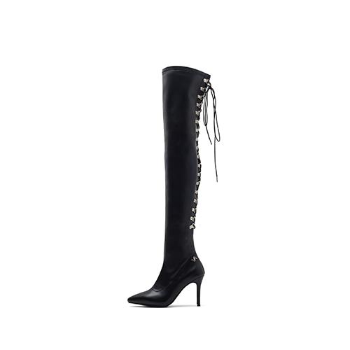 Ssimeez Back Lace-Up Thigh-High Heel Boots (Black)