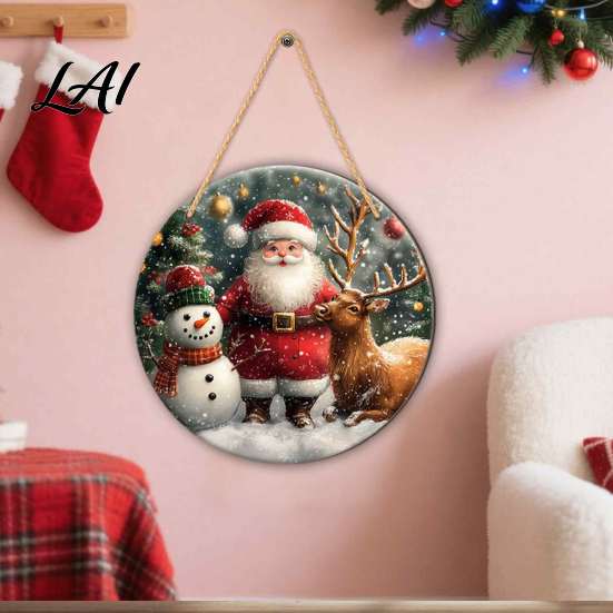 Retro Festive Home Decor Christmas Wooden Round Hanging Sign Santa Claus Highland Cow Winter Theme Rustic Wall Door Decor Farmhouse Holiday Welcome