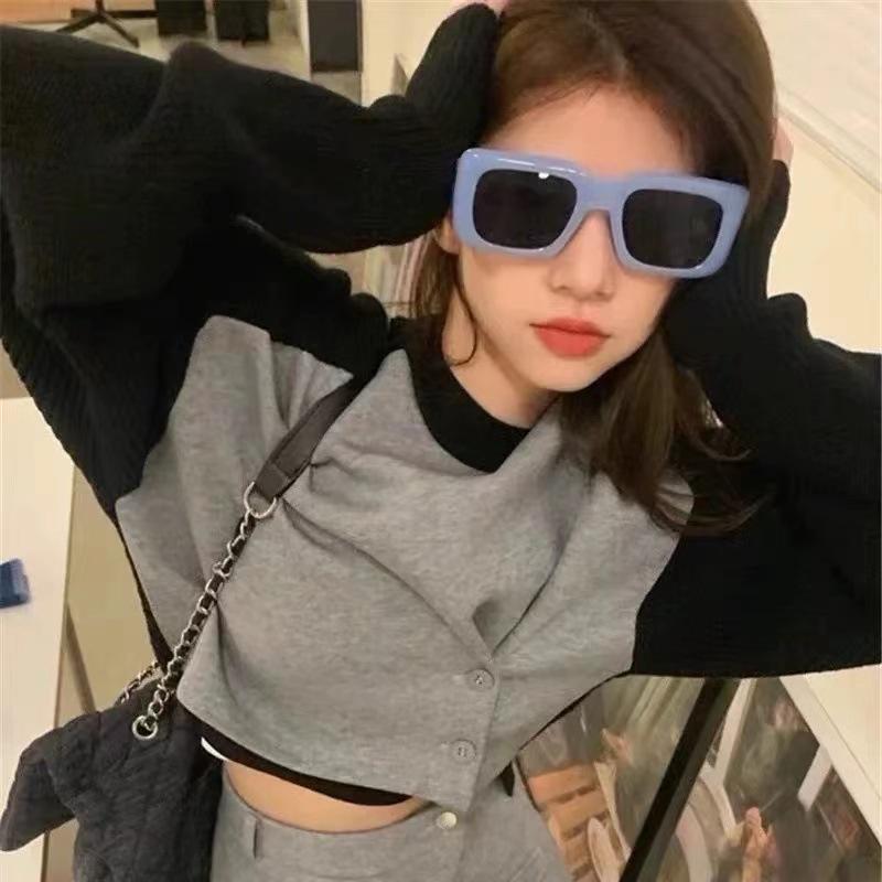 New summer travel concave shape European and American sunglasses, thin fashion thick legs, large square frame, light blue sunglasses for women