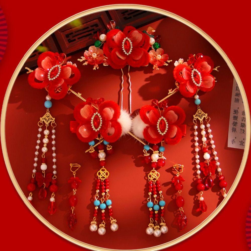 Tassel Chinese Style Hairpin Set Red Flower Hair Comb Ancient Style Hanfu Hair Stick  Women