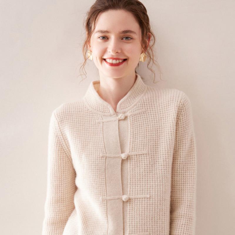 Women's Cashmere Cardigan with Frog Button and Qipao Collar - 100% Pure Wool, Retro Style, Thick Knit Sweater Coat