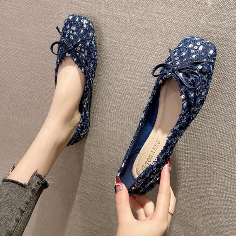 Fashion 2025 Spring New French Style Flat Shoes Fashion Versatile Elegant Bow Women Flats Shallow Mouth Soft Sequin Women Shoes Mujer