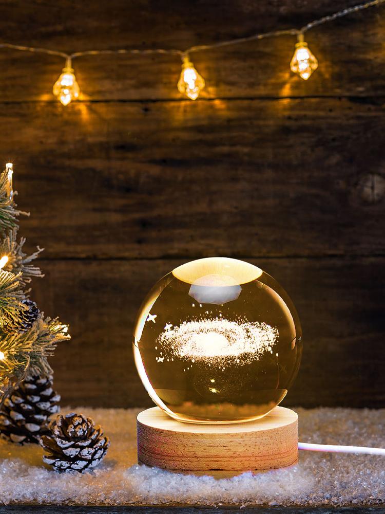 3D Crystal Ball Night Light Inner Carved Luminous Glass Ball Ornament with Wooden Base for Home Decor