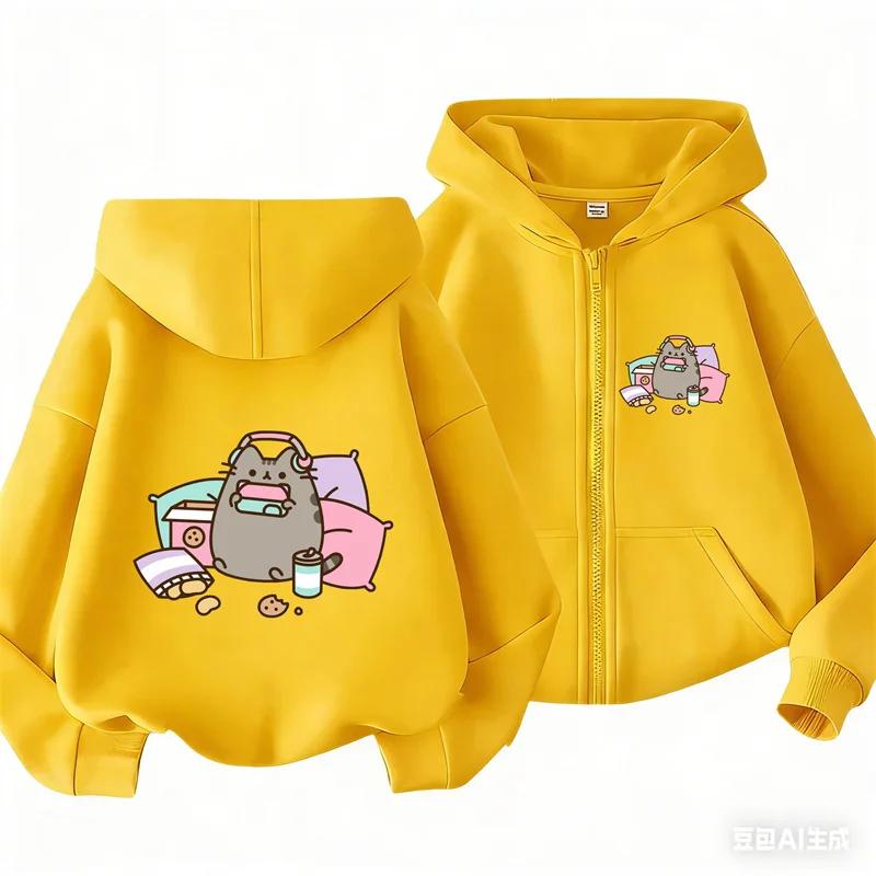 Kids Long Sleeve Lovely Cartoon Casual Outerwear Jacket Cat With Headphones Snacks Front Back Zip Up Hoodie