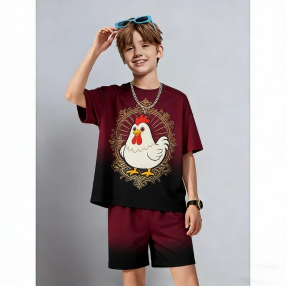 Kids Set Fashion Cartoon Chicken Printed Kids T-shirt and Shorts 2 Piece Set Summer Casual Outdoor Boys and Girls Outfit Kids Clothing