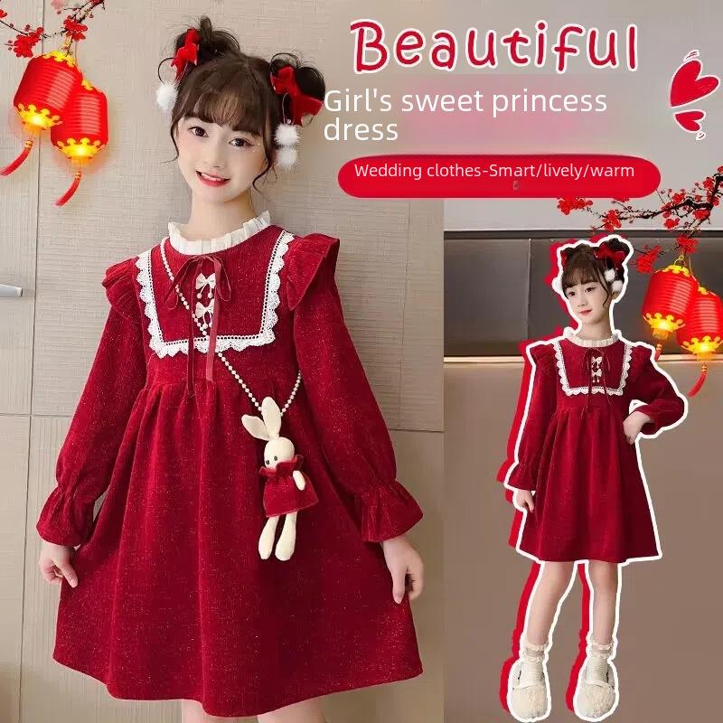 Красное новогоднее платье принцессы для девочек - модная юбка в зимнем стиле с небольшим ароматом
