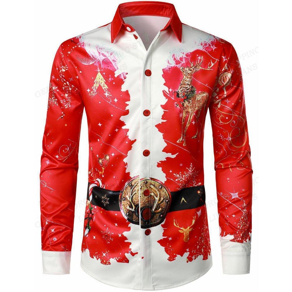 Men Long Sleeve Shirt X‑mas Tree Firework Night‑snow Scene Print Turn‑down Collar Button‑up Casual Holiday Party Top