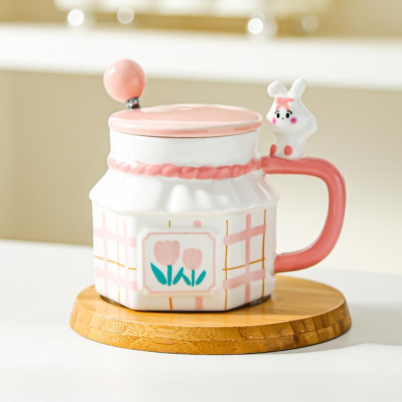 Кружка для пары 'Тюльпан и Кролик', креативная, с высокой ценностью, керамическая, для дома и офиса, кофейная чашка с крышкой