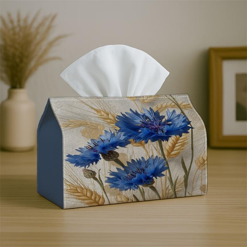 1pc Contemporary Botanical Floral Tissue Holder - Blue Cornflower Wheat, Sturdy Napkin Organizer for Vehicle, Kitchen, Dining, Home Decoration - Styli