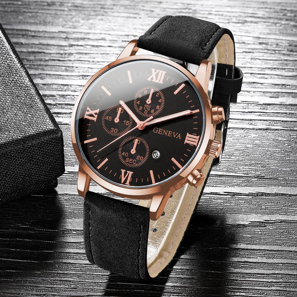 3pcs/set Men's Handsome Leather Watch Simple Roman Scale Three Eye Dial Men's Calendar Strap Quartz Combination Watch (No Box)