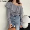 Women Summer Off Shoulder Striped Long Sleeve Blouses